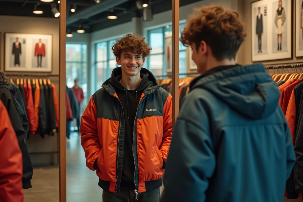 Jeune femme v&eacute;rifie sa veste dans un miroir en boutique