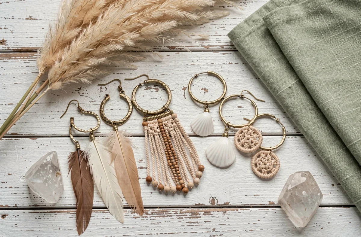 Flat lay de boucles d'oreilles bohèmes style Ma Bohème sur bois blanchi avec cristaux et pampa séché