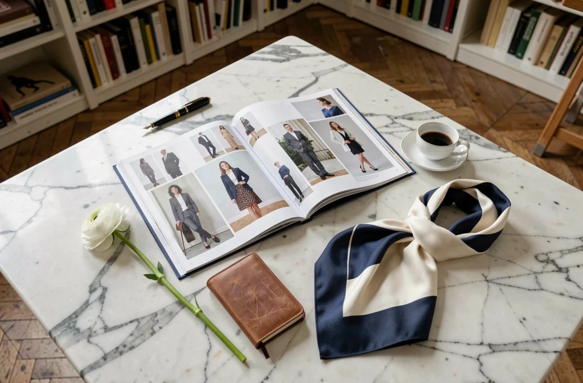 Flatlay luxueux sur marbre avec magazine de mode, stylo plume, foulard en soie et café espresso dans un atelier parisien