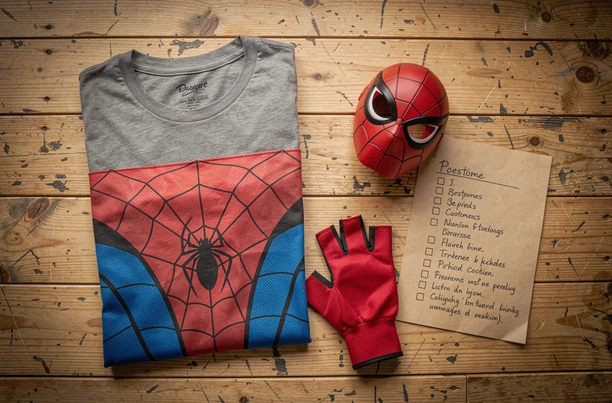 Flat-lay d'un t-shirt Spider-Man et accessoires de cosplay léger disposés sur une table en bois avec liste de costume manuscrite