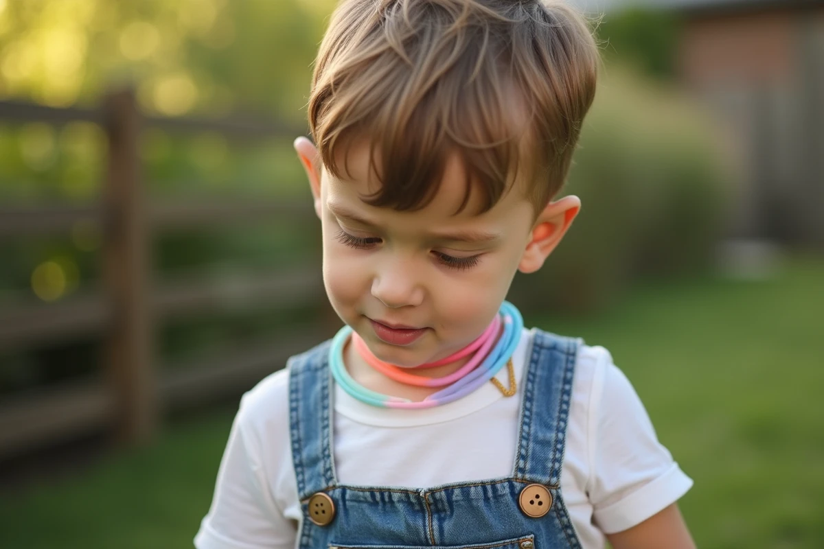 Garçon regardant un collier en silicone dans un jardin