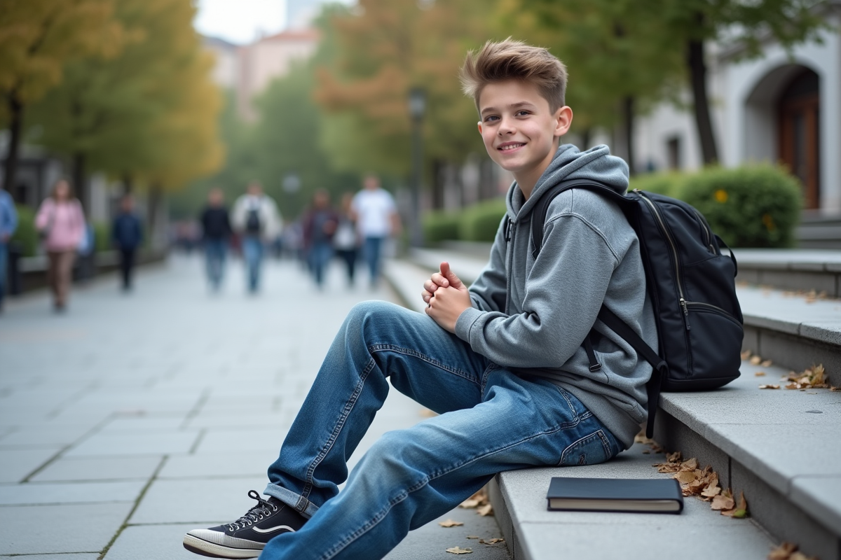 Adolescent assis sur les marches avec jeans décontractés