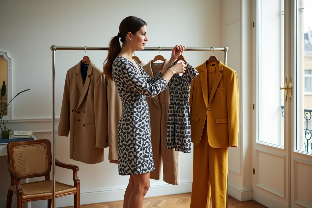 Femme composant une garde-robe capsule vintage dans un appartement parisien avec portant de vêtements rétro