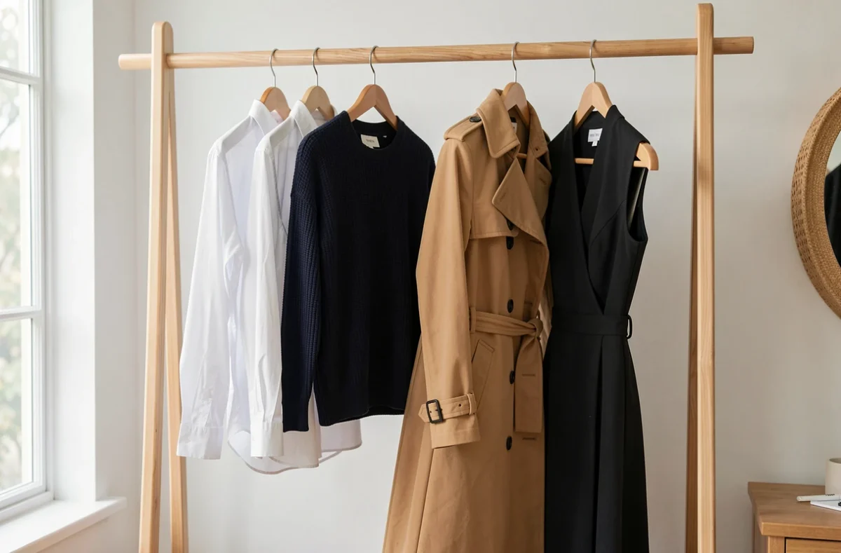 Garde-robe de basiques bien coupés rangés sur un portant