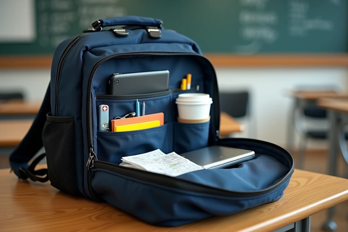 Gros plan sur les poches organisées d'un sac étudiant posé sur un bureau de salle de classe