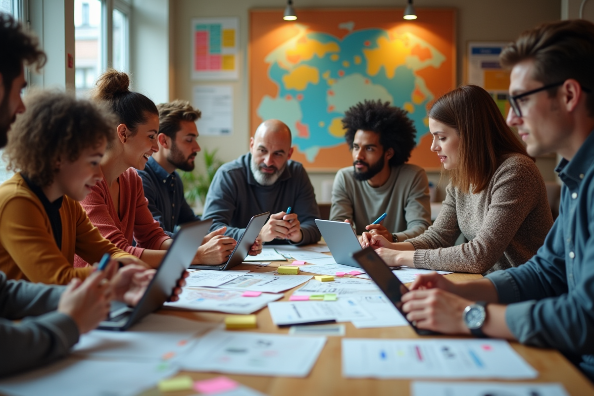 Groupe de personnes collaborant autour d une table avec tablettes et notes