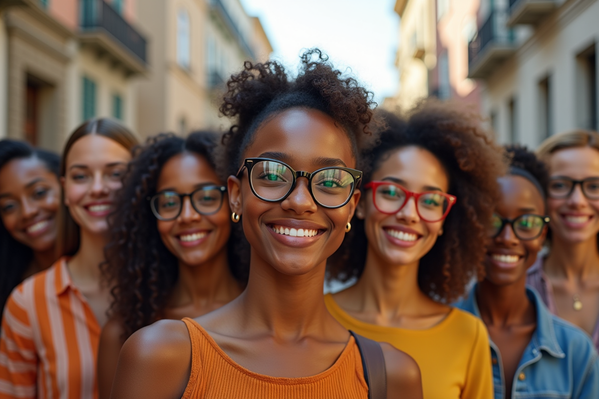 Groupe de personnes avec visages longs lunettes mode