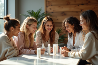 Jeunes femmes et hommes d&eacute;couvrant des produits cosm&eacute;tiques vari&eacute;s