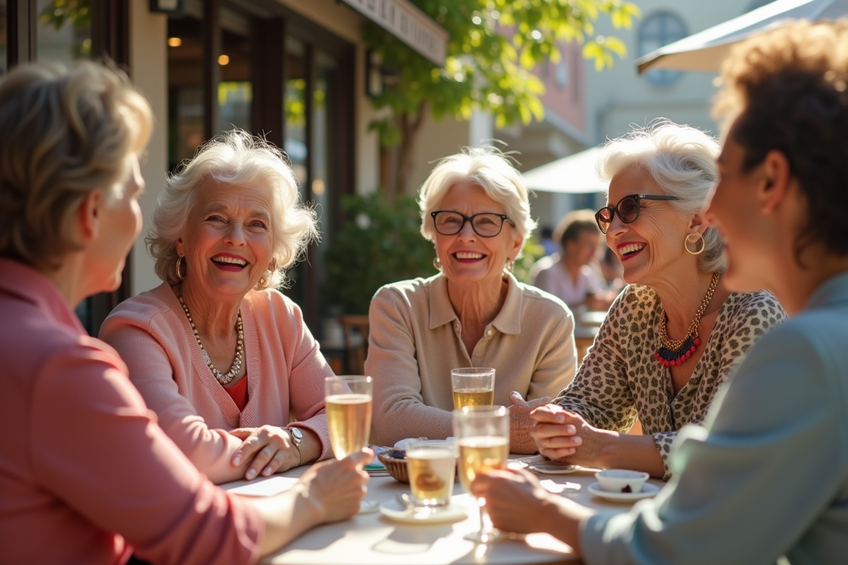 Groupe de femmes seniors souriantes au café en plein air