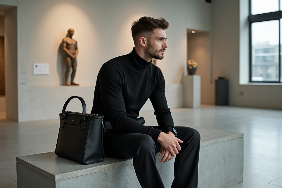 Homme avec sac futuriste dans une galerie d