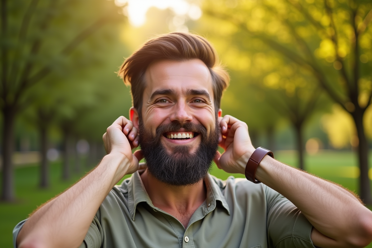 Homme souriant avec barbe bien coiffée dans un parc ensoleille