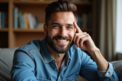Homme barbu souriant dans un salon lumineux