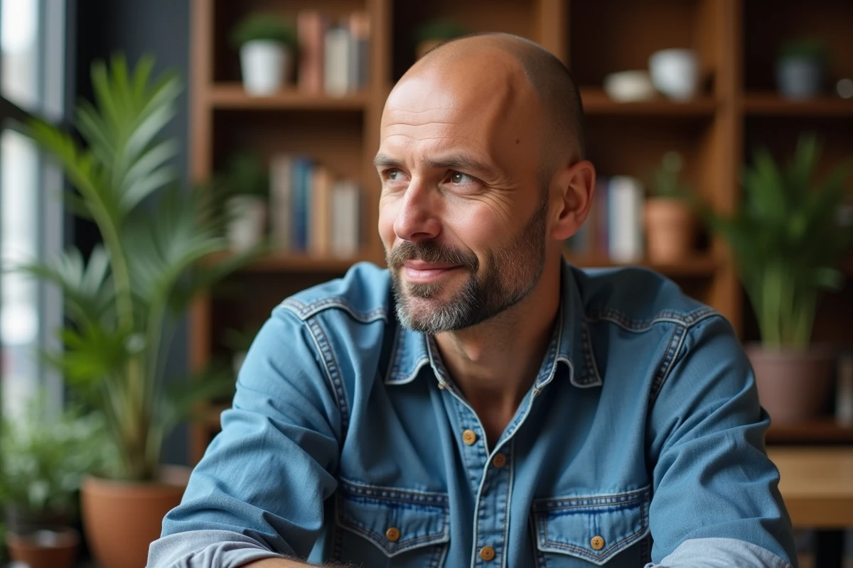 Homme chauve en chemise denim dans un café