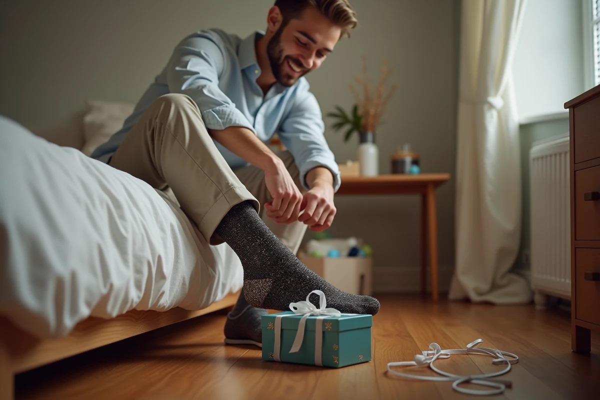 Jeune homme mettant des chaussettes paillet&eacute;es dans une chambre simple