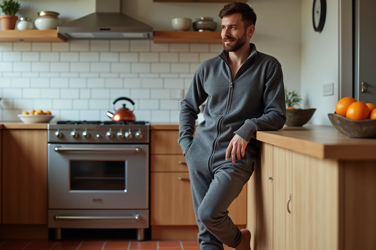 Homme en combinaison pyjama pilou grise dans une cuisine moderne au style vintage, ambiance matin détendu