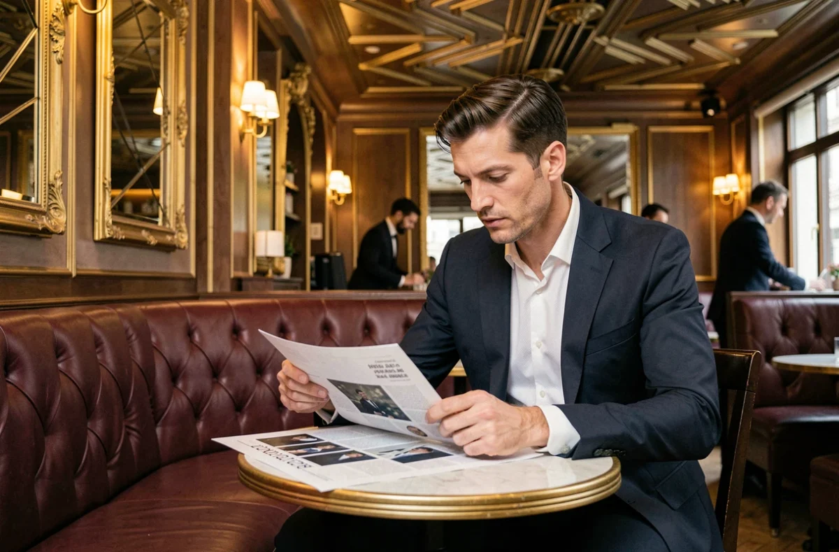 Homme en costume marine élégant dans une brasserie parisienne Art Déco, consultant une maquette éditoriale de magazine de luxe