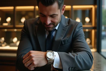 Homme en costume examinant une Rolex Datejust 36 dans une boutique de montres de luxe