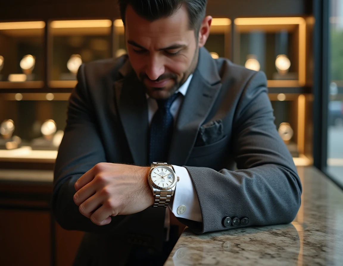 Homme en costume examinant une Rolex Datejust 36 dans une boutique de montres de luxe