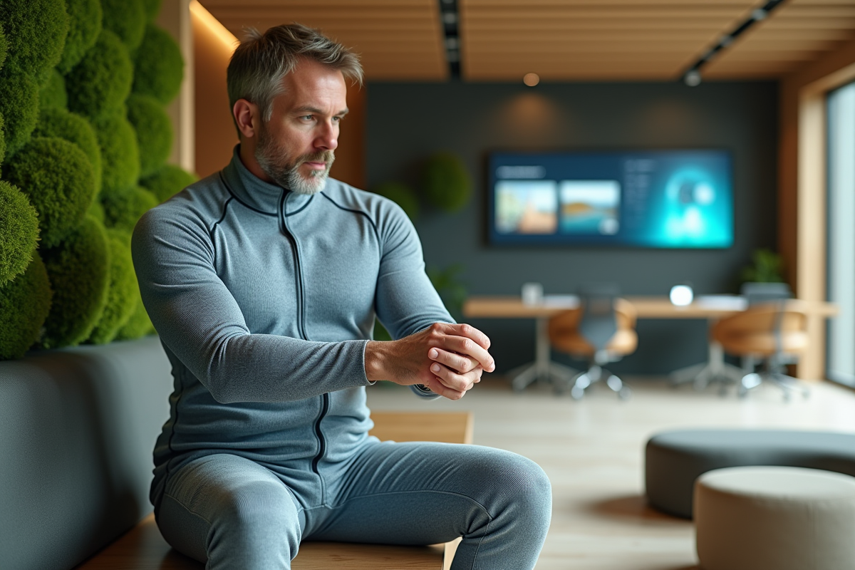 Homme en combinaison adaptative utilisant la réalité augmentée en coworking