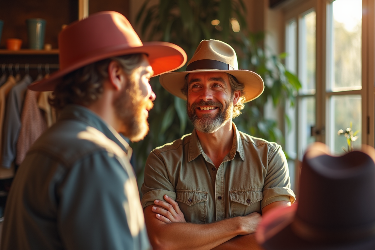 Homme essayant plusieurs chapeaux colorés devant un miroir lumineux