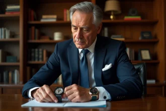 Homme élégant examinant une montre de luxe dans un bureau moderne