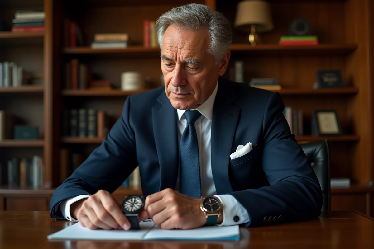 Homme élégant examinant une montre de luxe dans un bureau moderne
