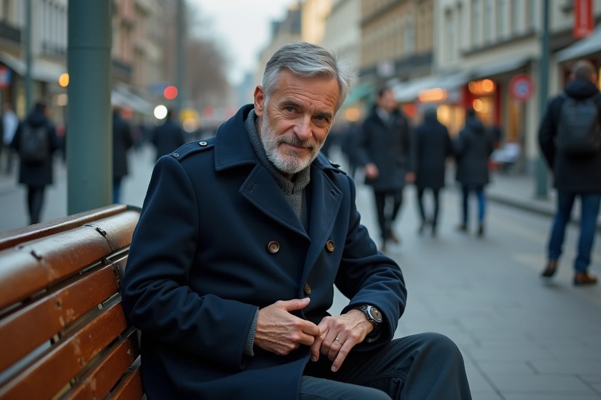 Homme en trench navy testant la couture dans la rue