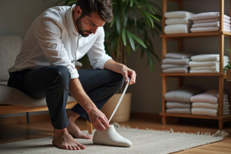 Homme en tenue élégante mesurant son pied dans un salon chaleureux