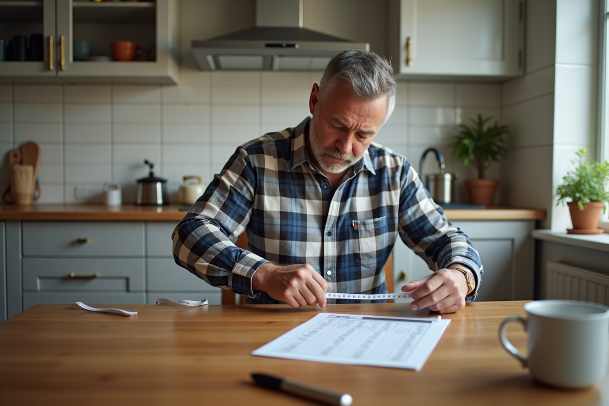 Homme mesurant sa taille avec un ruban dans la cuisine