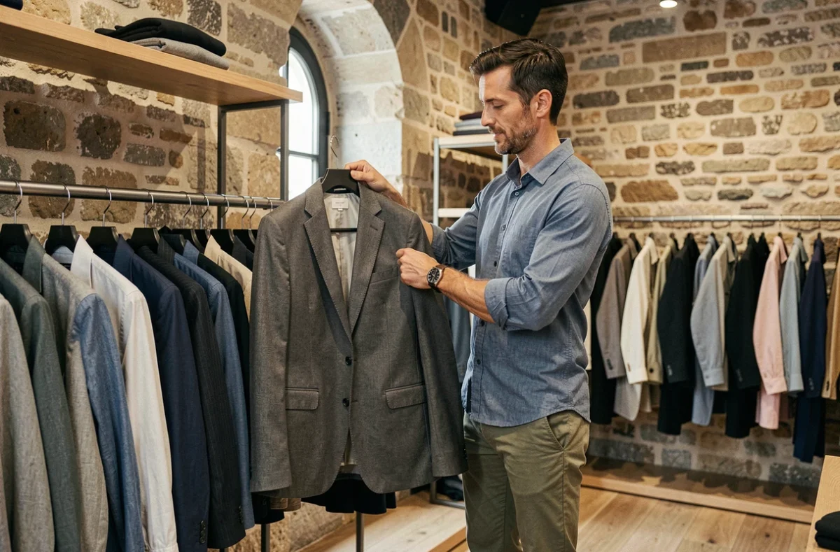 Homme à la morphologie élancée qui consulte des vêtements sur un portant dans une boutique tendance de Marseille