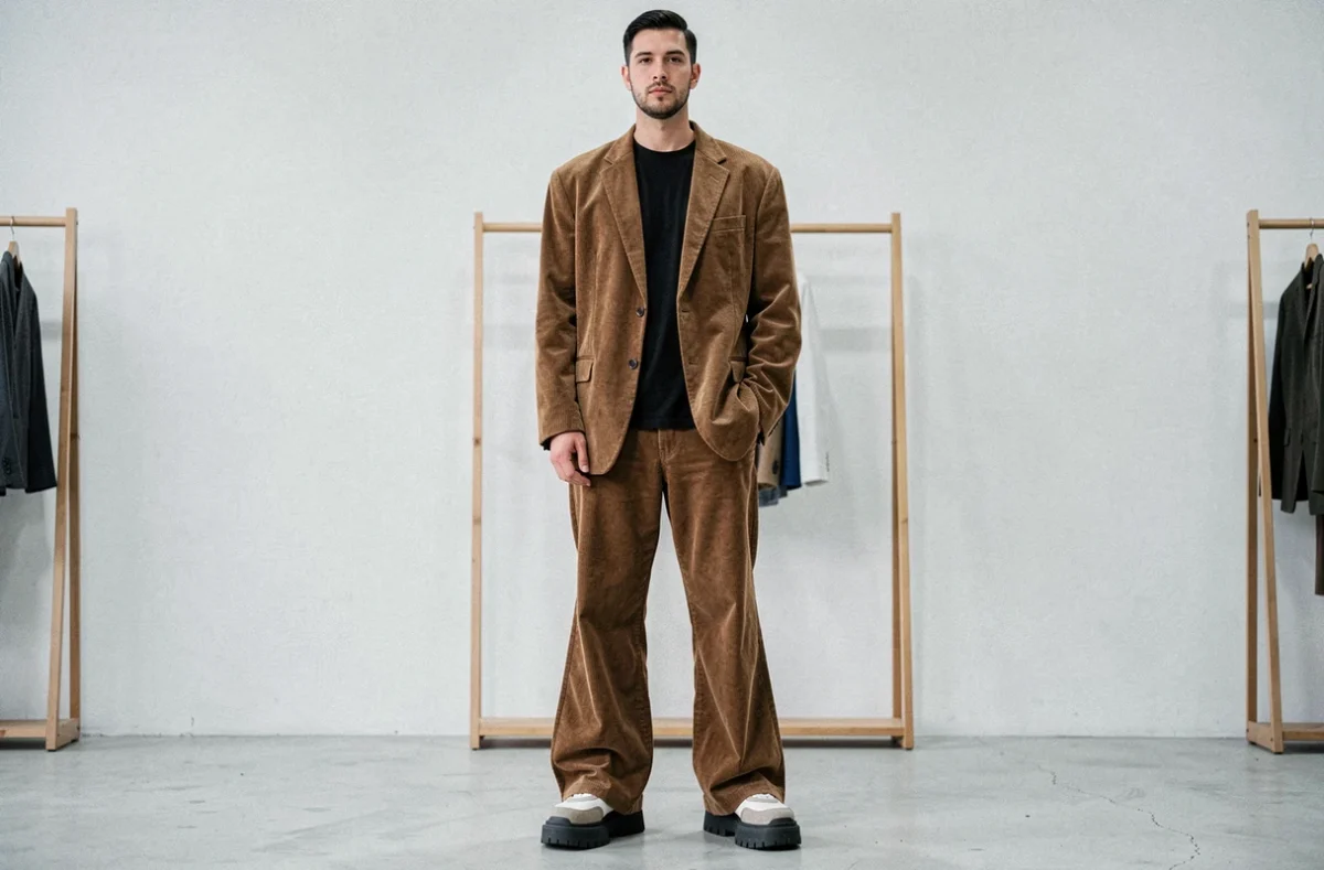 Homme portant un pantalon patte d'éléphant mal assorti avec veste oversized, exemple d'erreurs de style à éviter