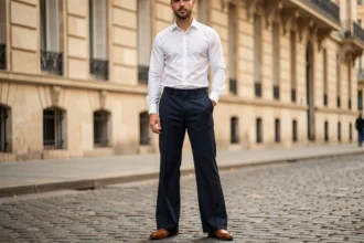 Homme en pantalon patte d'éléphant marine bien ajusté avec chemise blanche, style élégant réussi dans une rue parisienne