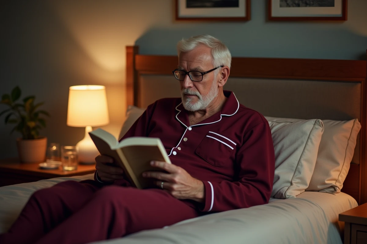 Homme mature en pyjama pilou bordeaux lisant un livre sur son lit, ambiance détente soirée hivernale