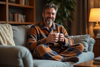 Homme en pyjama pilou chaud à carreaux assis sur un canapé avec une tasse de café, ambiance cozy intérieure