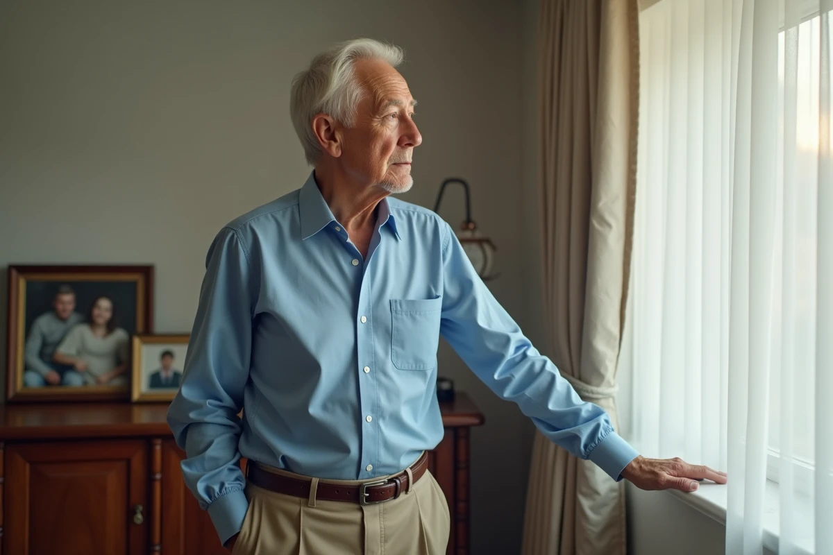 Homme &acirc;g&eacute; regardant pensivement par la fen&ecirc;tre &agrave; la maison