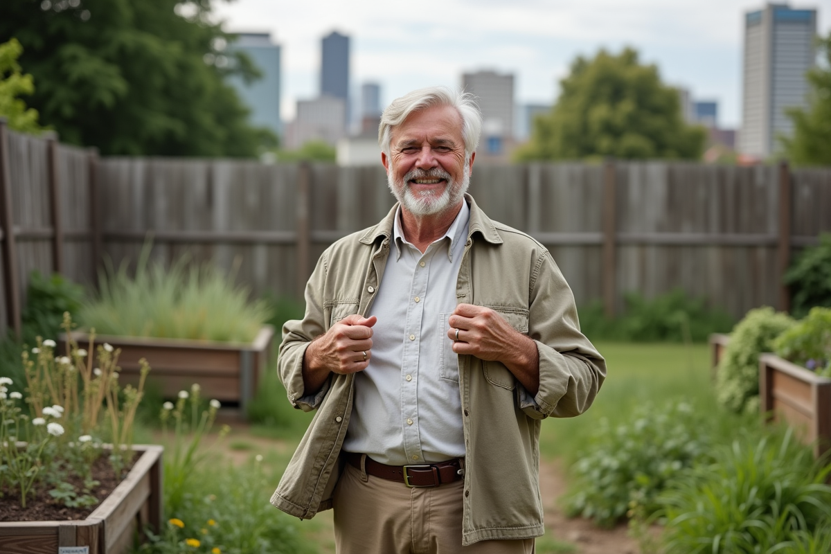 Homme réparant une veste vintage dans un jardin communautaire