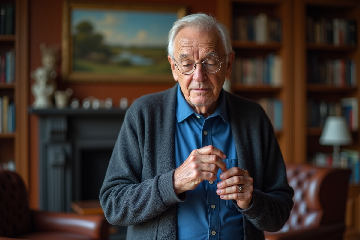 Homme âgé examinant une bague de famille dans un bureau chaleureux