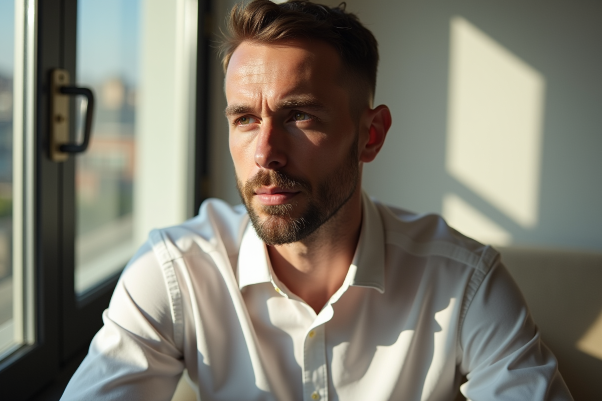 Homme sans barbe en intérieur près d