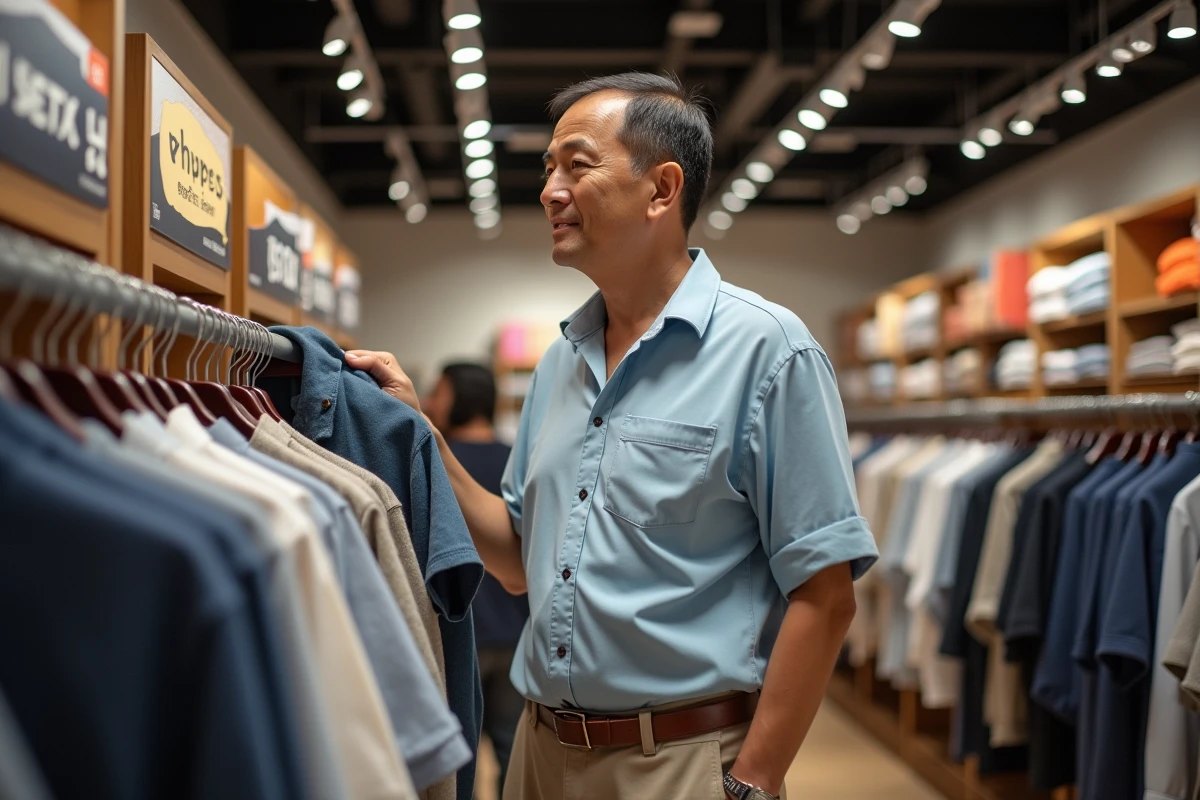 Homme en voyage à l'étranger faisant du shopping dans une boutique de vêtements affichant des promotions de soldes