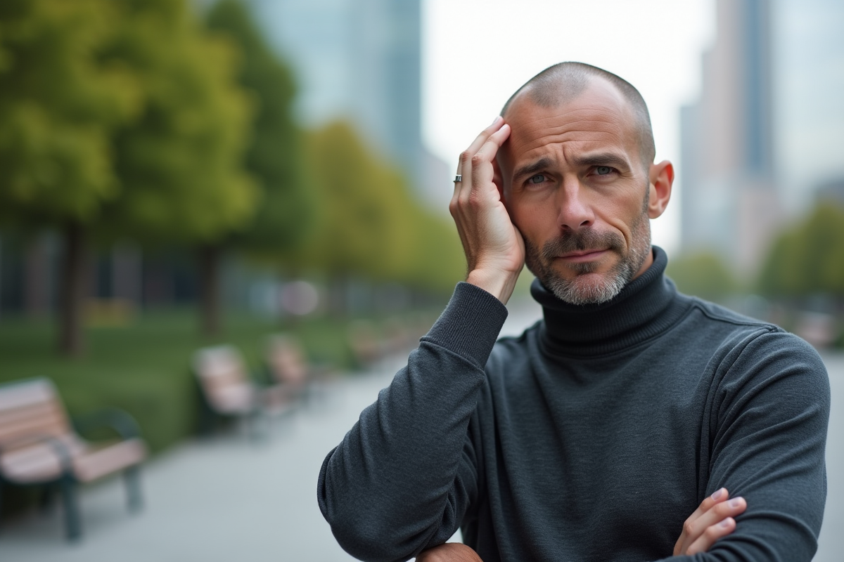 Homme rasé touchant son crâne dans un parc urbain