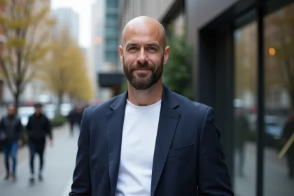 Homme chauve en blazer bleu dans la ville