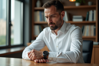 Homme en costume ajusté ajustant une montre 40 mm dans un bureau lumineux
