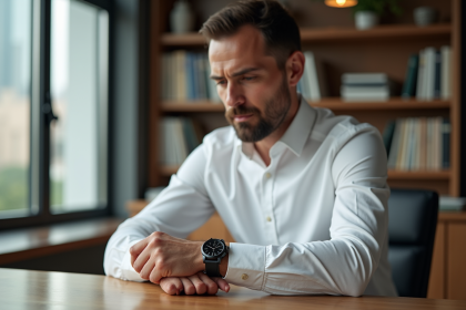 Homme en costume ajust&eacute; ajustant une montre 40 mm dans un bureau lumineux