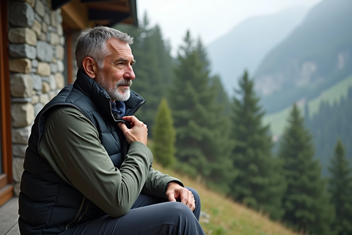 Homme en veste avec doublure sherpa visible assis devant un refuge de montagne dans un cadre alpin brumeux