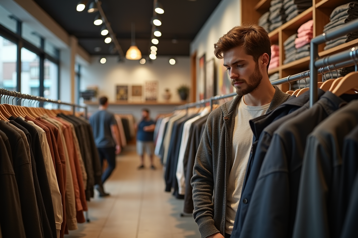 Jeune homme examinant un manteau dans une boutique de seconde main