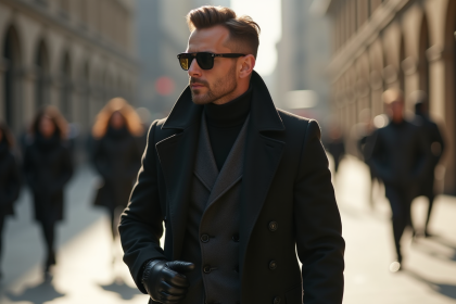 Homme élégant dans la ville portant un manteau en laine et gants en cuir noir