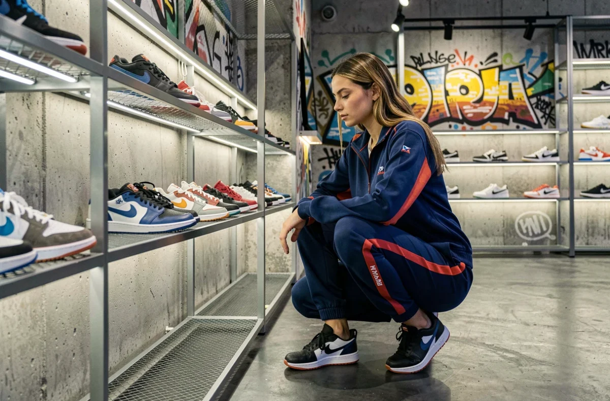 Jeune femme en tenue streetwear examinant des sneakers dans la boutique Hyppairs à Lyon