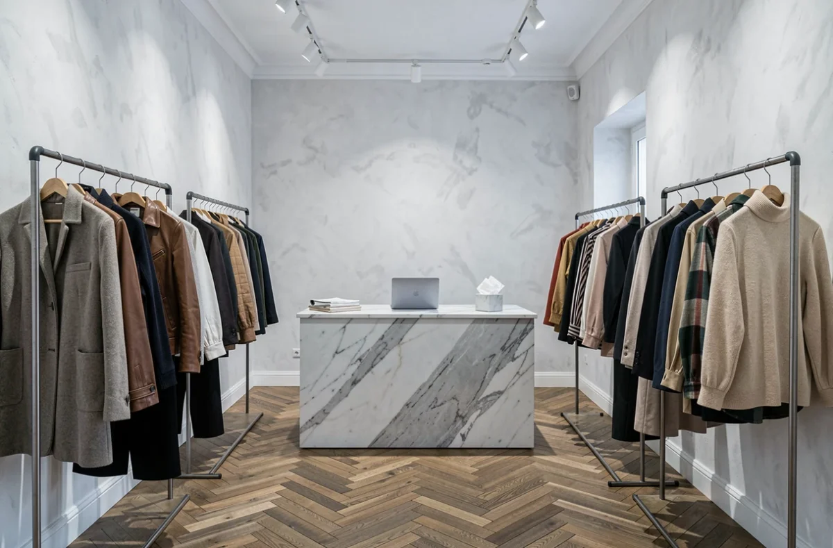 Intérieur épuré et galerie du dépôt-vente Intemporal Paris avec des vêtements de luxe exposés sur des cintres en fer