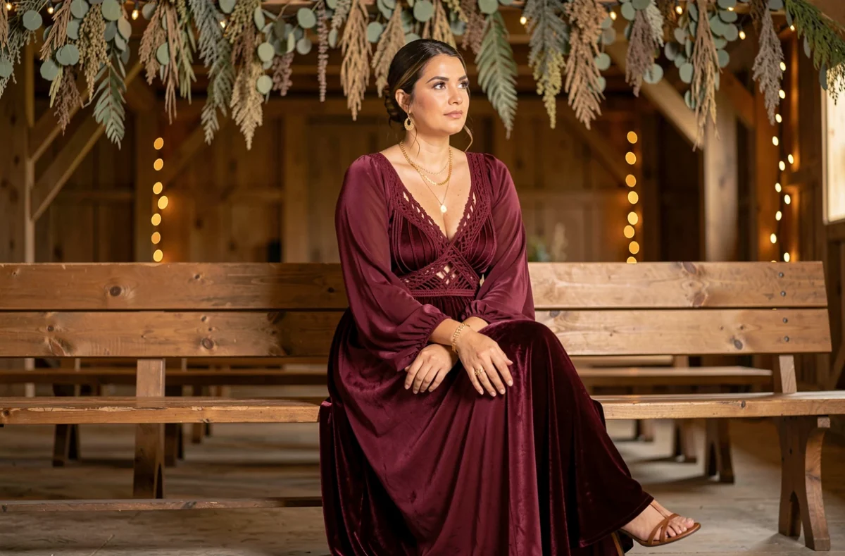 Invitée de mariage en robe bohème bordeaux avec détail macramé assise dans une grange décorée d'eucalyptus