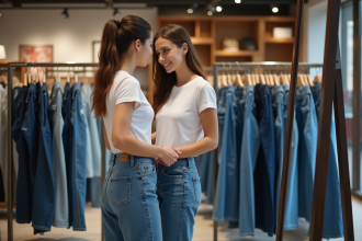 Jeune femme essayant un jean en boutique